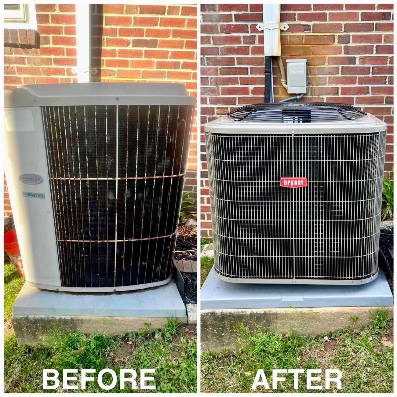 Before and after: an old rusted condenser with bent, dirty fins, beside the clean new unit that replaced it on the same concrete pad.