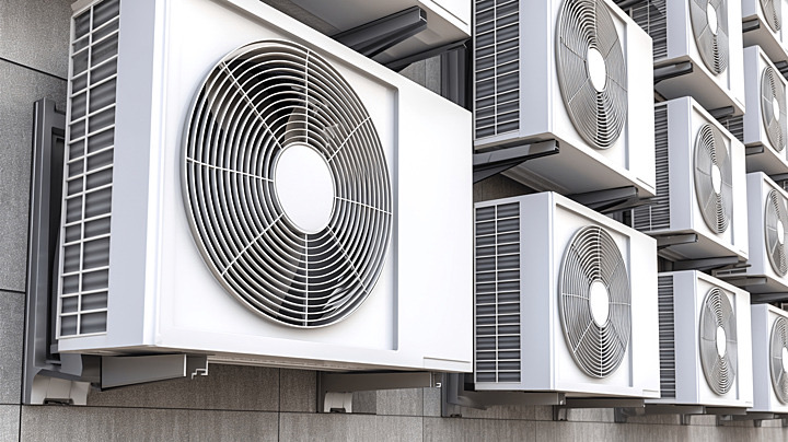 Bank of white outdoor condenser units stacked in rows along a building wall.